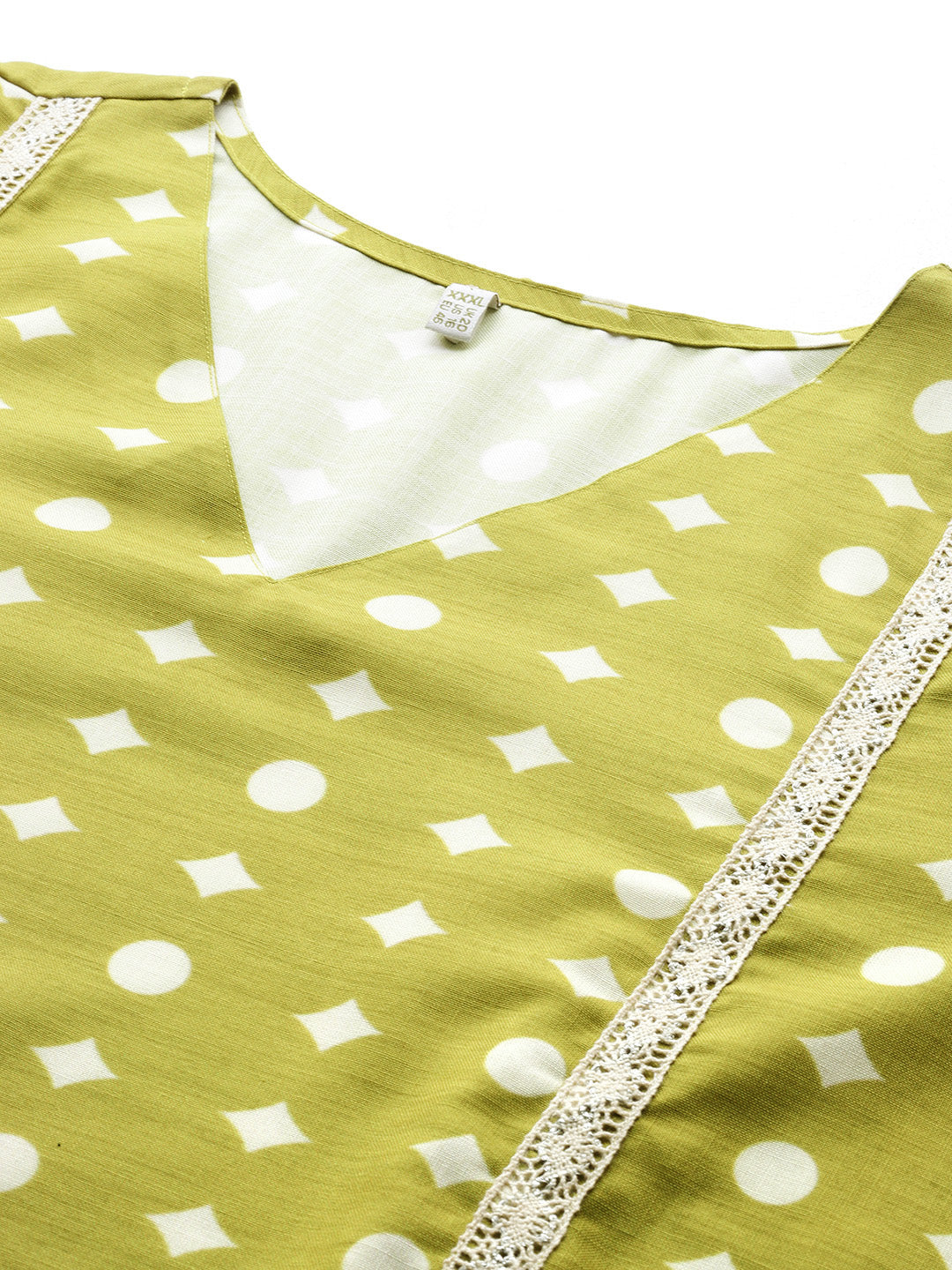 Plus Size Geometric Printed V-Neck Lace Detail Regular Kurta