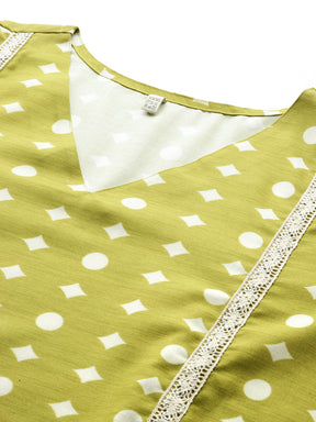 Plus Size Geometric Printed V-Neck Lace Detail Regular Kurta