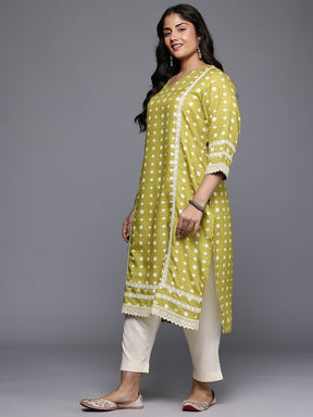 Plus Size Geometric Printed V-Neck Lace Detail Regular Kurta
