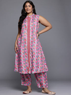 Plus Size Floral Printed Gotta Patti Straight Kurta with Trousers