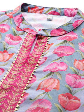Plus Size Floral Printed Gotta Patti Straight Kurta with Trousers