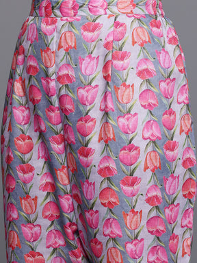 Plus Size Floral Printed Gotta Patti Straight Kurta with Trousers