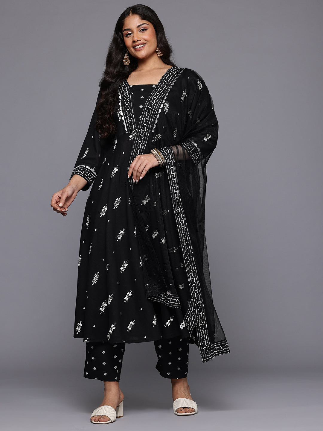 Plus Size Printed Pleated Gotta Patti Kurta with Trousers & With Dupatta