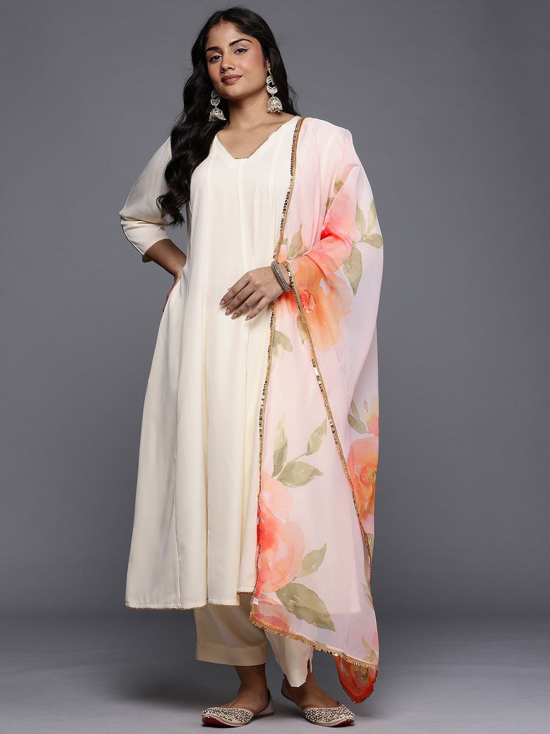 Plus Size Panelled Gotta Patti Anarkali Kurta with Trousers & Dupatta