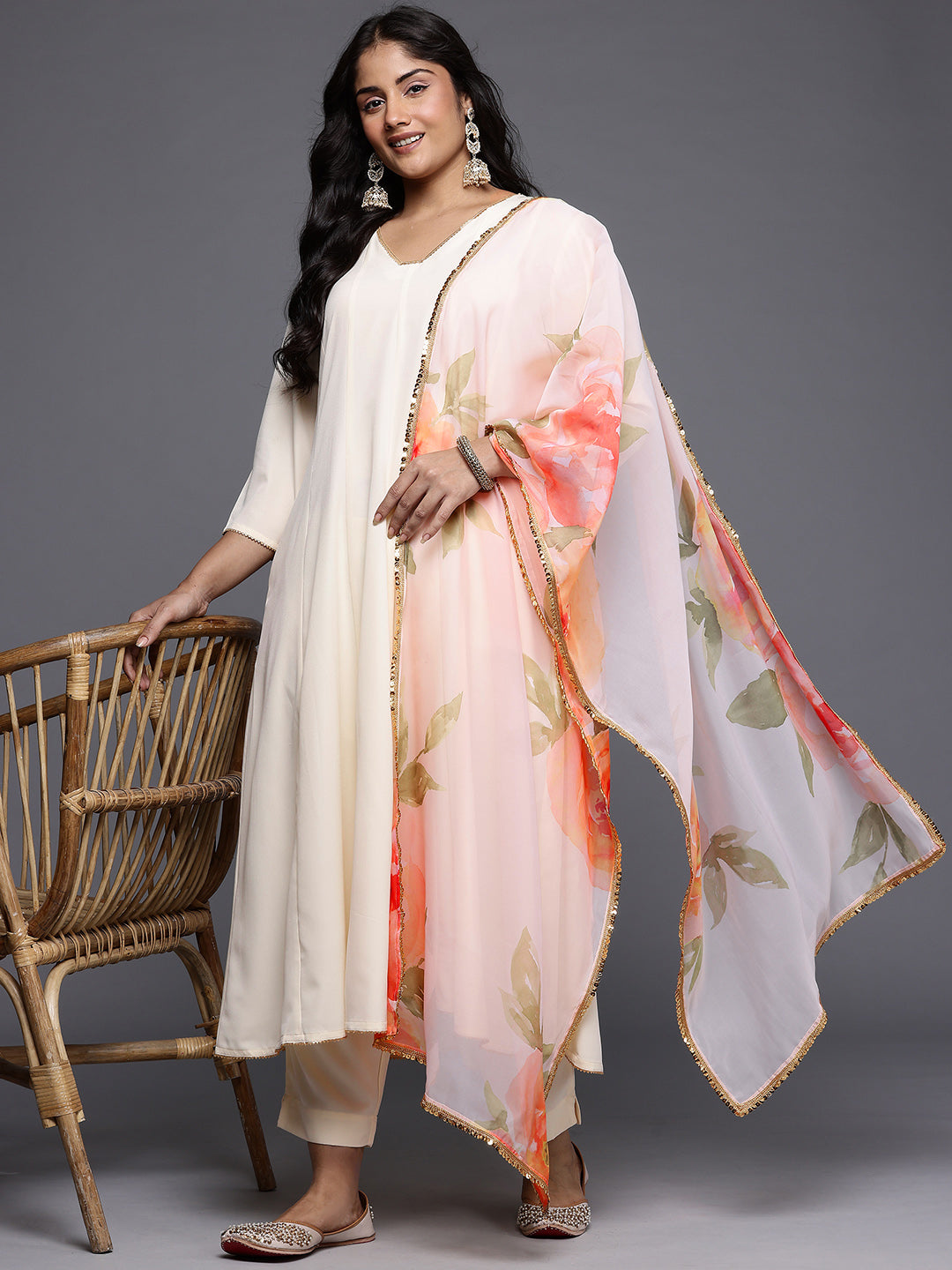 Plus Size Panelled Gotta Patti Anarkali Kurta with Trousers & Dupatta