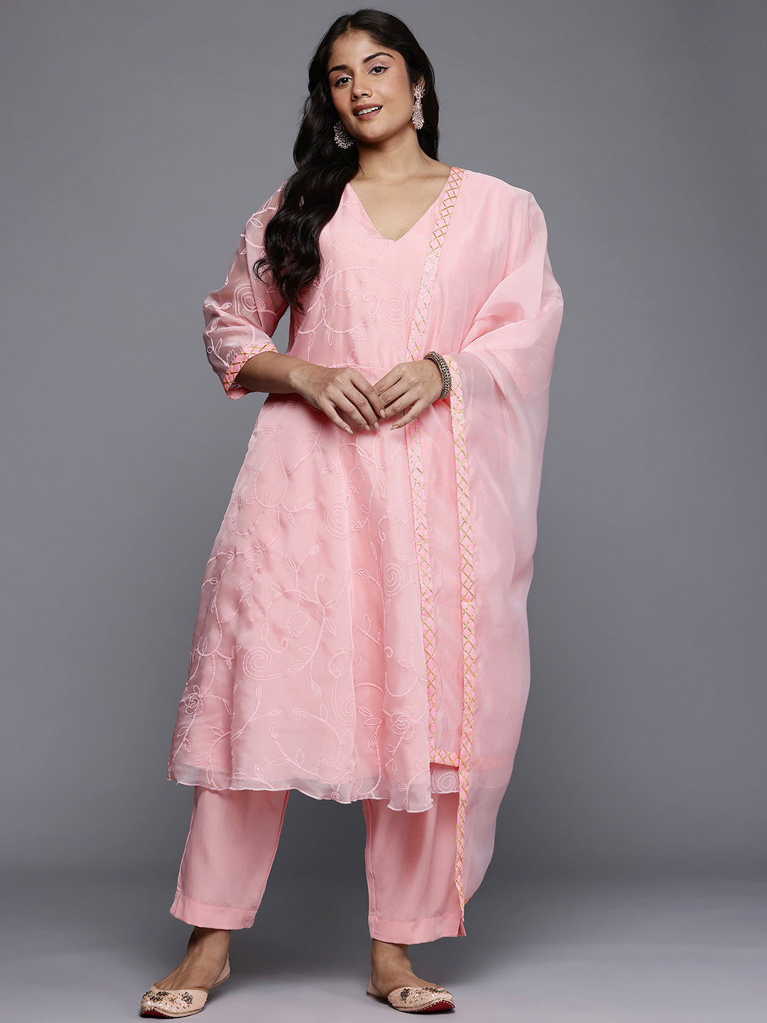 Plus Size Floral Embroidered Empire A-Line Kurta with Trousers & Dupatta