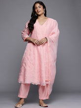 Plus Size Floral Embroidered Empire A-Line Kurta with Trousers & Dupatta