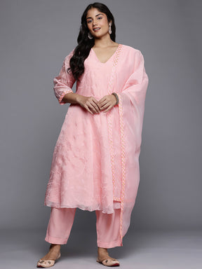 Plus Size Floral Embroidered Empire A-Line Kurta with Trousers & Dupatta