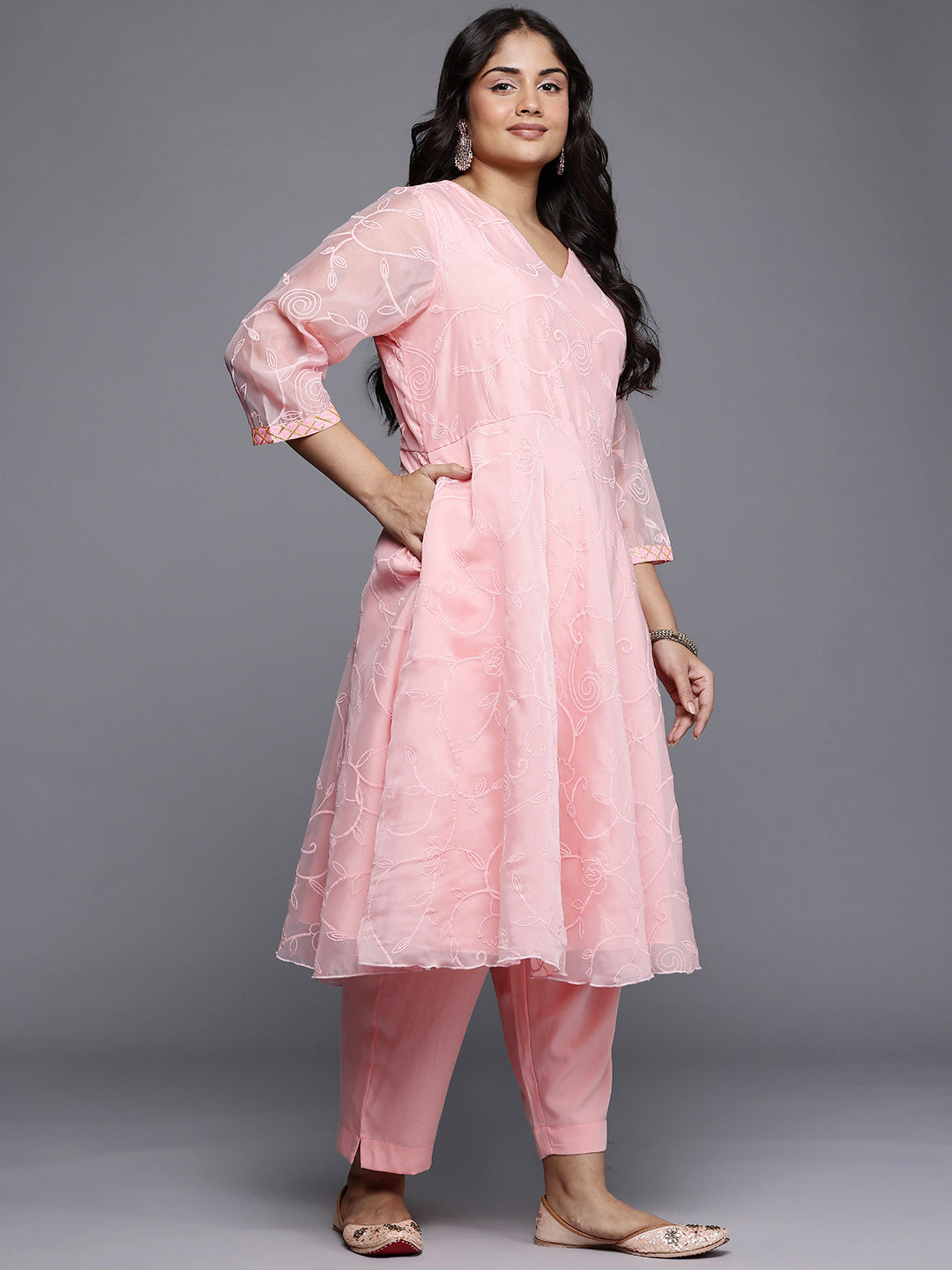 Plus Size Floral Embroidered Empire A-Line Kurta with Trousers & Dupatta