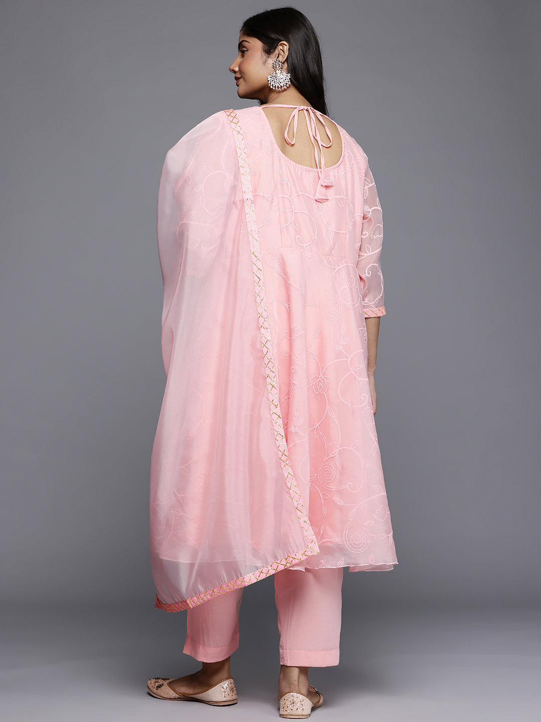 Plus Size Floral Embroidered Empire A-Line Kurta with Trousers & Dupatta