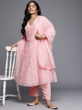 Plus Size Floral Embroidered Empire A-Line Kurta with Trousers & Dupatta