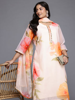Plus Size Floral Print Gotta Patti Detail Kurta with Trousers & Dupatta