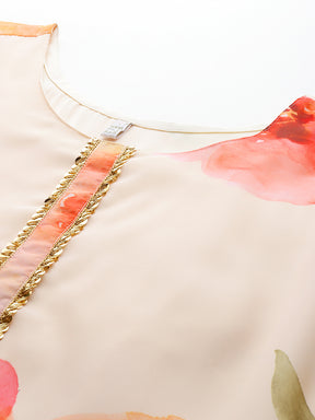 Plus Size Floral Print Gotta Patti Detail Kurta with Trousers & Dupatta