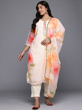 Plus Size Floral Print Gotta Patti Detail Kurta with Trousers & Dupatta
