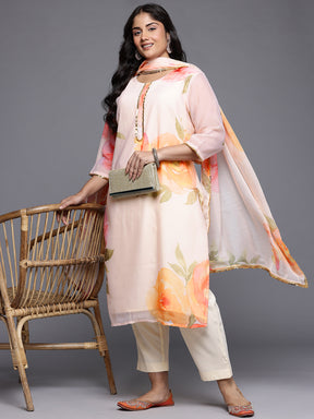 Plus Size Floral Print Gotta Patti Detail Kurta with Trousers & Dupatta