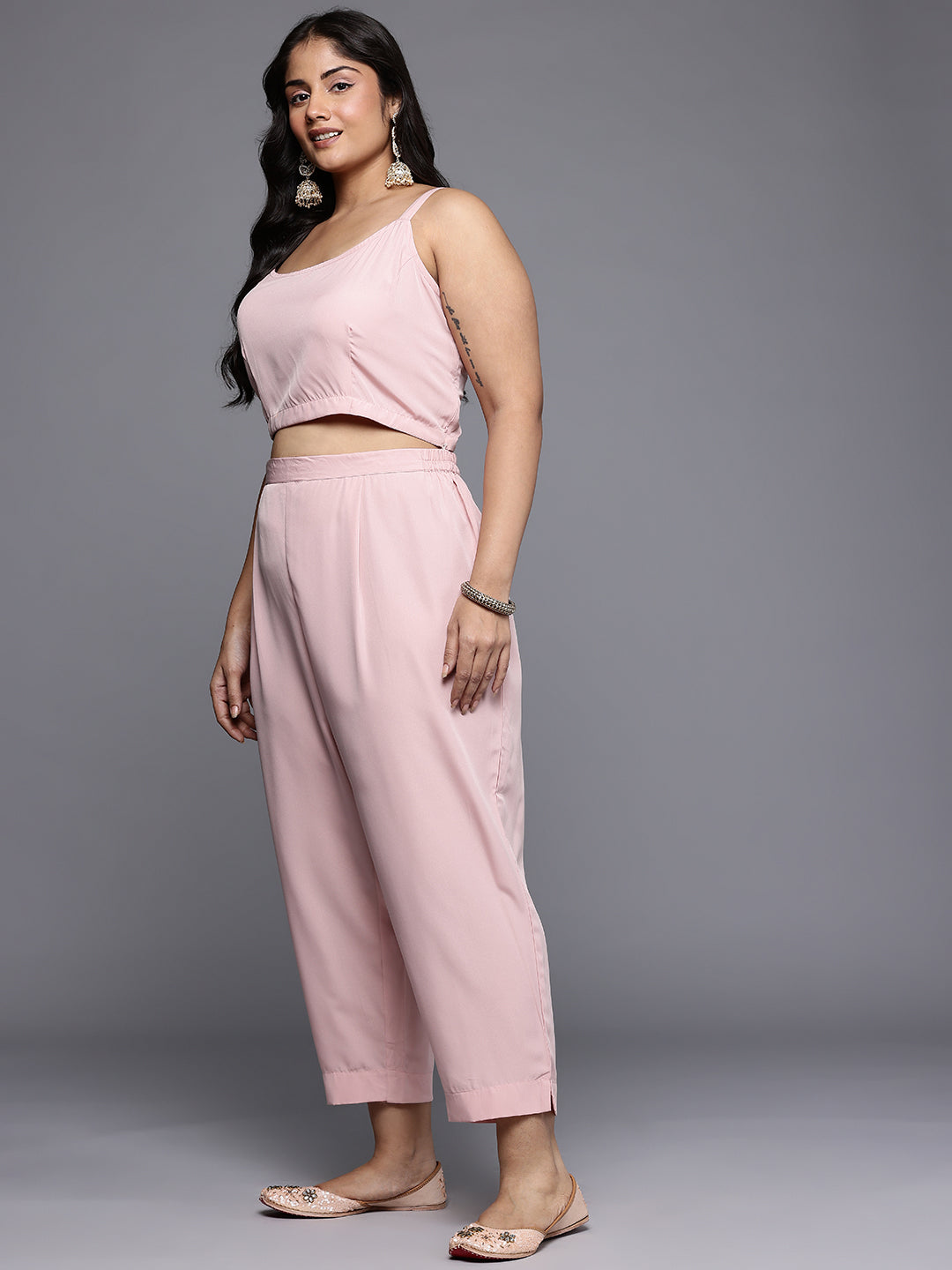 Plus Size Floral Embroidered Shirt Collar Regular Kurta with Trousers