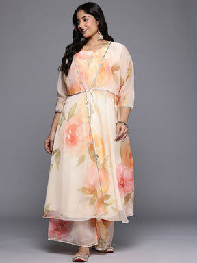 Plus Size Floral Printed Zari Detail Anarkali Kurta with Palazzos