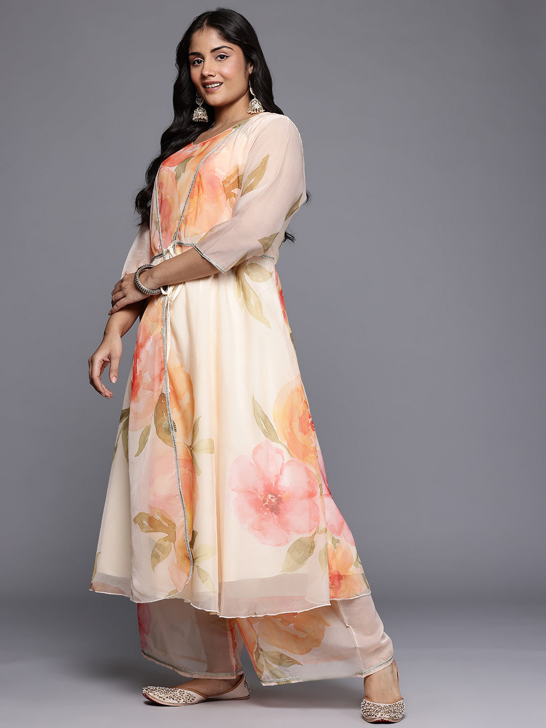 Plus Size Floral Printed Zari Detail Anarkali Kurta with Palazzos
