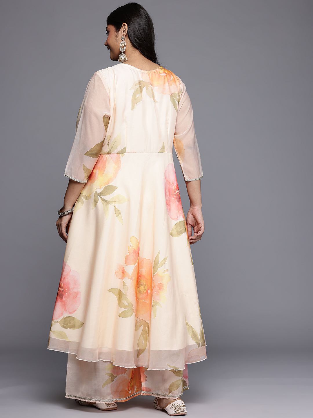 Plus Size Floral Printed Zari Detail Anarkali Kurta with Palazzos