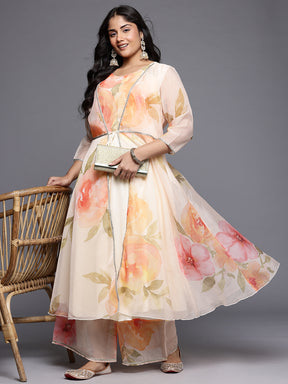 Plus Size Floral Printed Zari Detail Anarkali Kurta with Palazzos