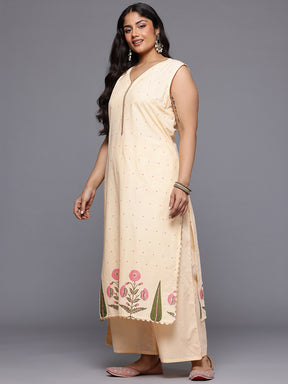 A PLUS BY AHALYAA Plus Size Floral Printed Gotta Patti Pure Cotton Kurta Set & Dupatta