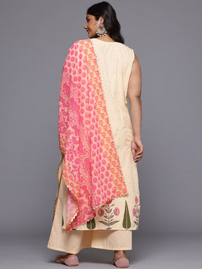 A PLUS BY AHALYAA Plus Size Floral Printed Gotta Patti Pure Cotton Kurta Set & Dupatta