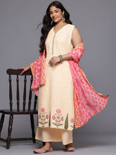 A PLUS BY AHALYAA Plus Size Floral Printed Gotta Patti Pure Cotton Kurta Set & Dupatta