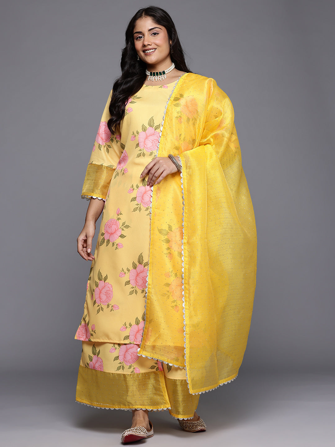 Plus Size Floral Printed Gotta Patti Kurta with Palazzos & With Dupatta