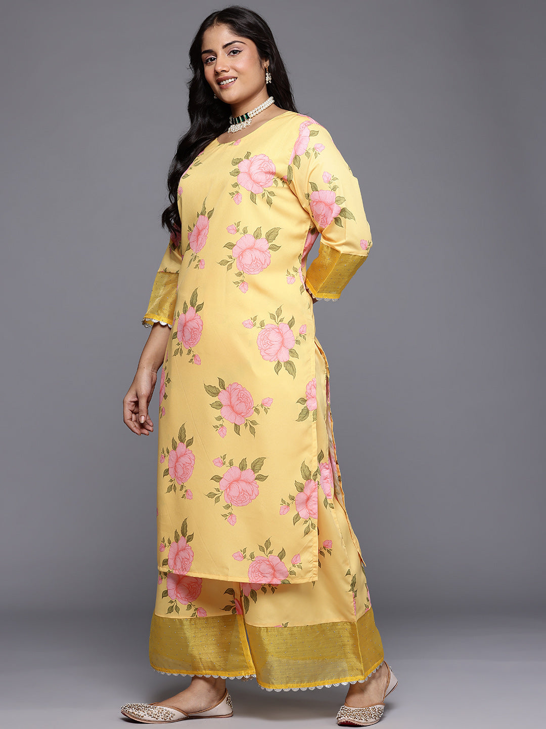 Plus Size Floral Printed Gotta Patti Kurta with Palazzos & With Dupatta