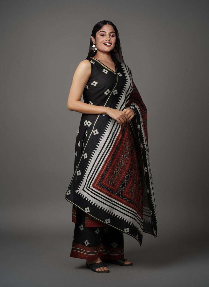 Women Ethnic Motifs Printed Regular Thread Work Kurta with Palazzos & With Dupatta