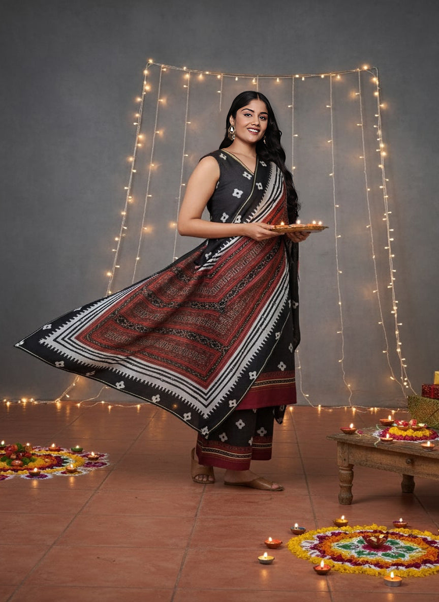 Women Ethnic Motifs Printed Regular Thread Work Kurta with Palazzos & With Dupatta