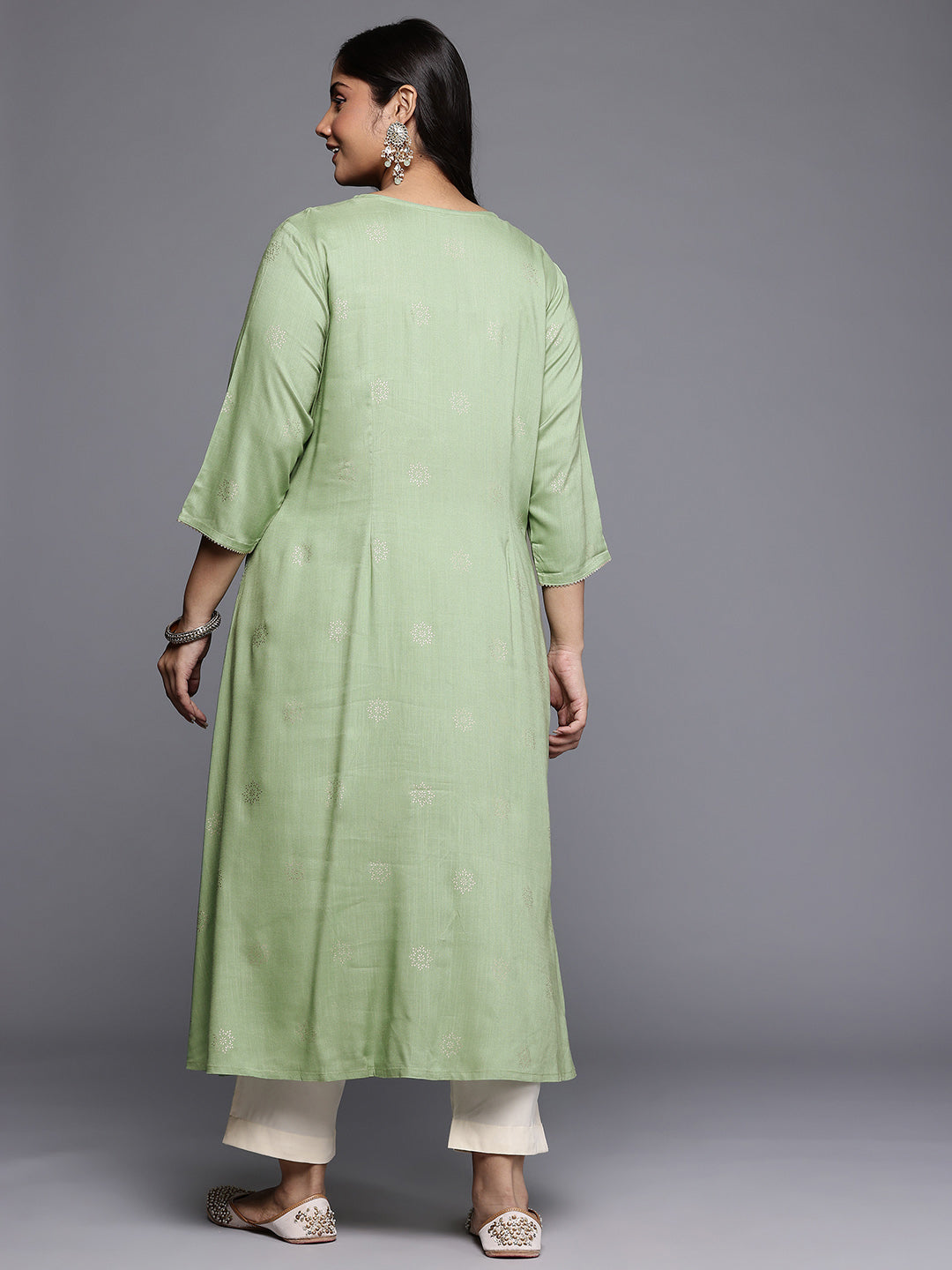 Plus Size Ethnic Motifs Foil Printed Pleated A-Line Kurta