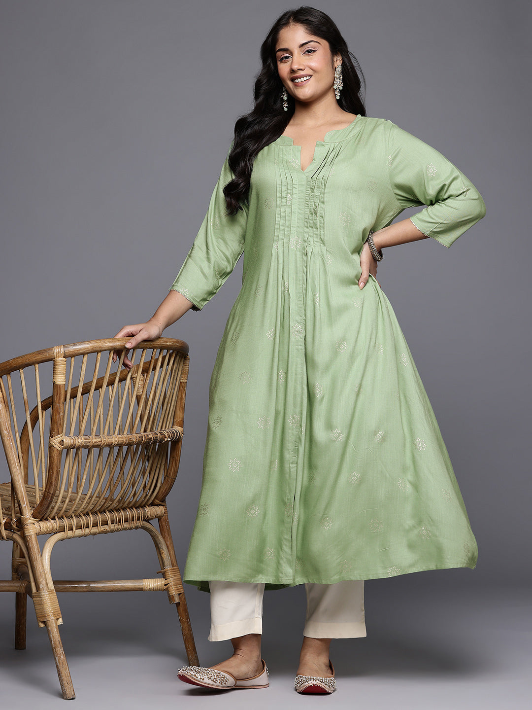 Plus Size Ethnic Motifs Foil Printed Pleated A-Line Kurta