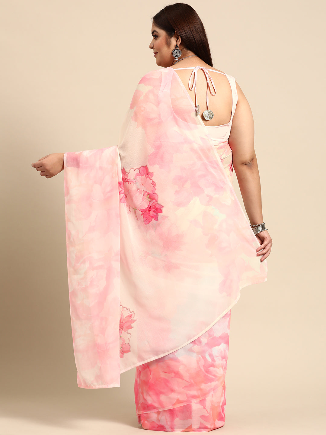 Pink and Beige Plus Size Floral Poly Chiffon Saree