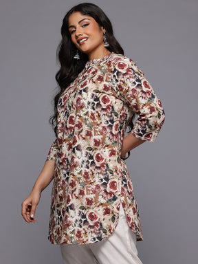 A PLUS BY AHALYAA Plus Size Floral Printed Mandarin Collar Tunic