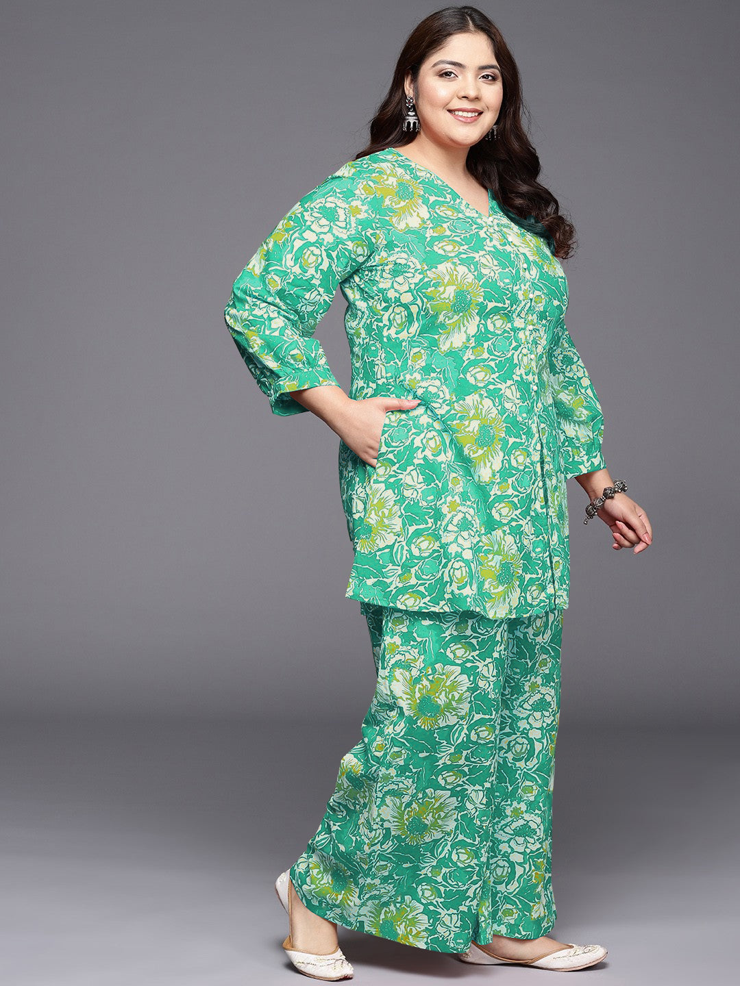 Plus Size Printed Pure Cotton Tunic & Palazzo