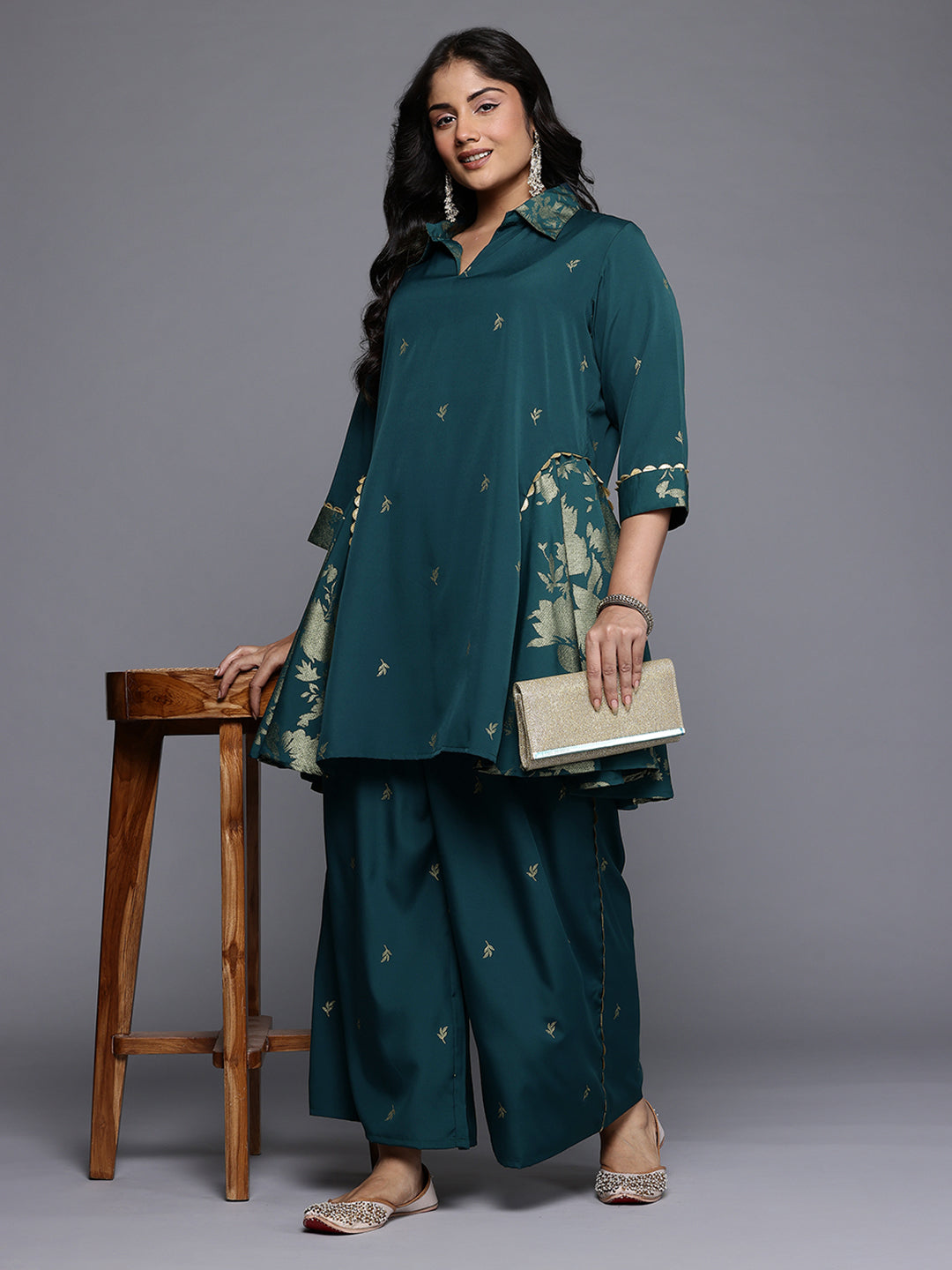 Floral Printed Lace Inserts Cut-Away Collar Co-Ords