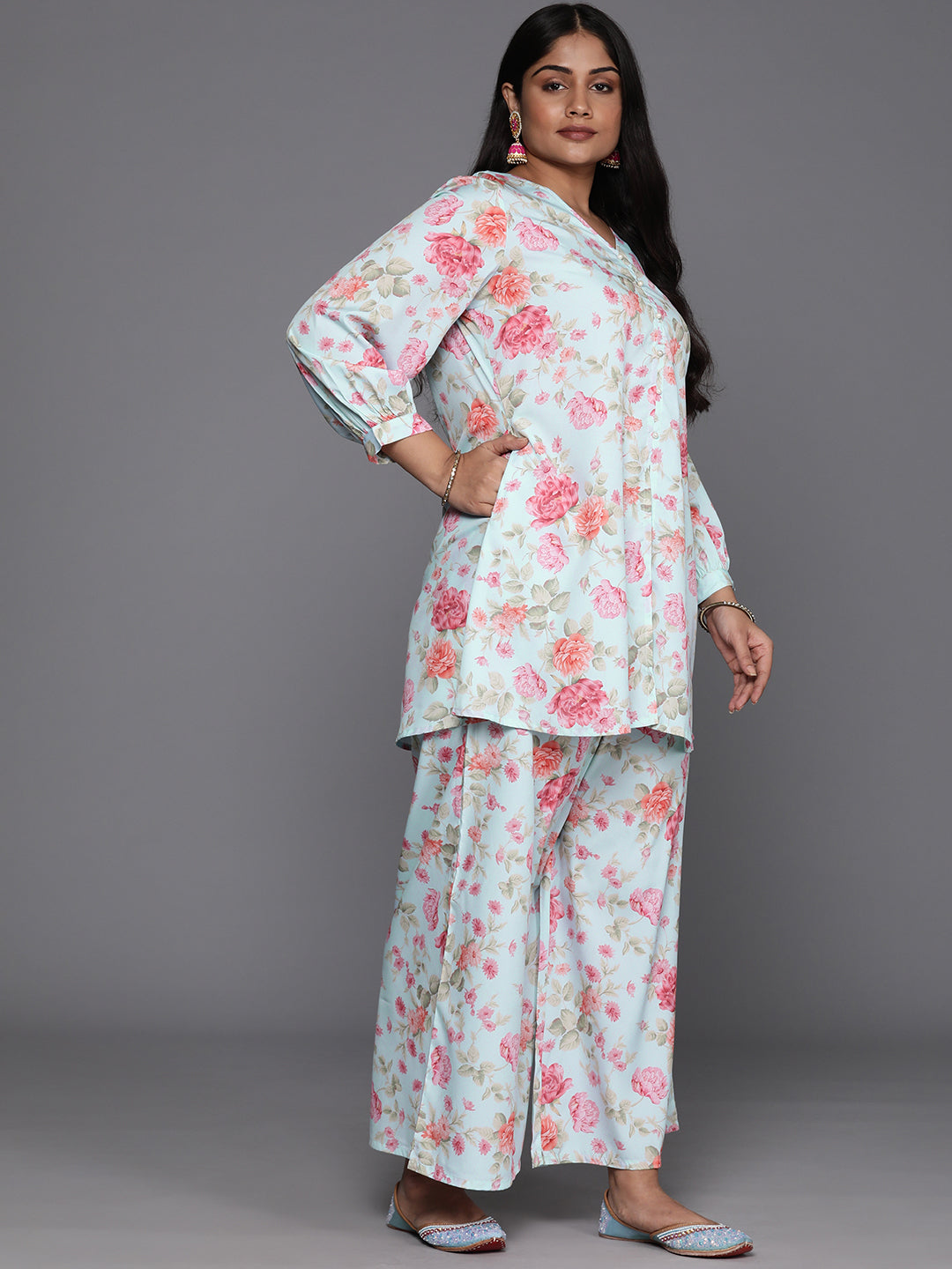 Turquoise Blue Plus Size Floral Printed Kurti with Palazzos