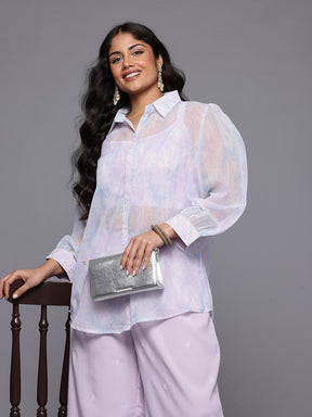 Plus Size Floral Printed Top with Sheer Shirt & Trousers Co-Ord Set