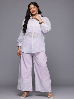Plus Size Floral Printed Top with Sheer Shirt & Trousers Co-Ord Set