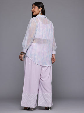 Plus Size Floral Printed Top with Sheer Shirt & Trousers Co-Ord Set
