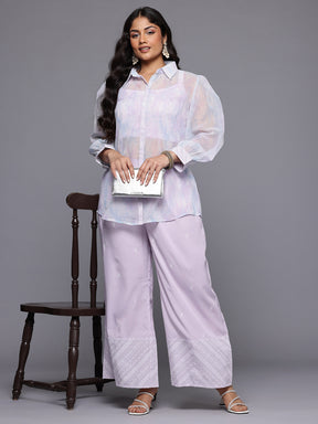 Plus Size Floral Printed Top with Sheer Shirt & Trousers Co-Ord Set