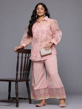 Plus Size Solid Top with Floral Printed Sheer Shirt & Trousers Co-Ords
