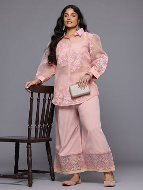 Plus Size Solid Top with Floral Printed Sheer Shirt & Trousers Co-Ords