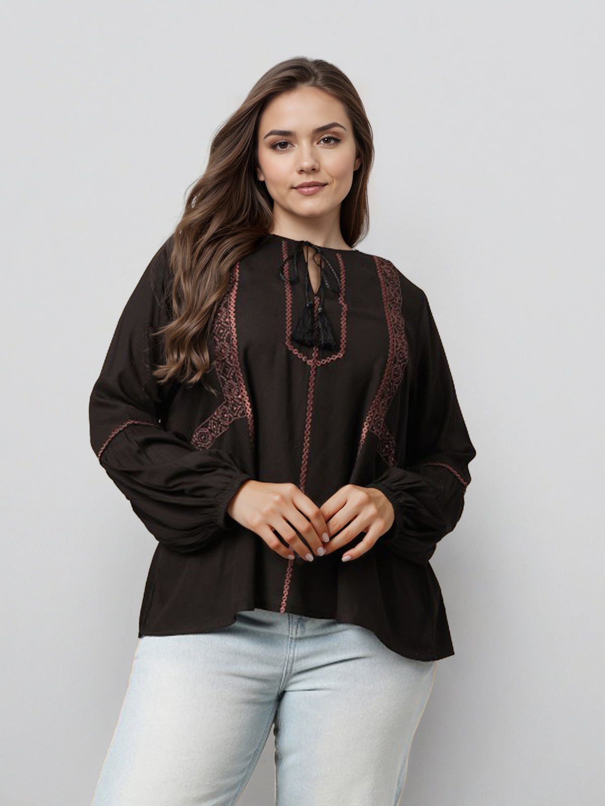 Embroidered Keyhole Neck Top