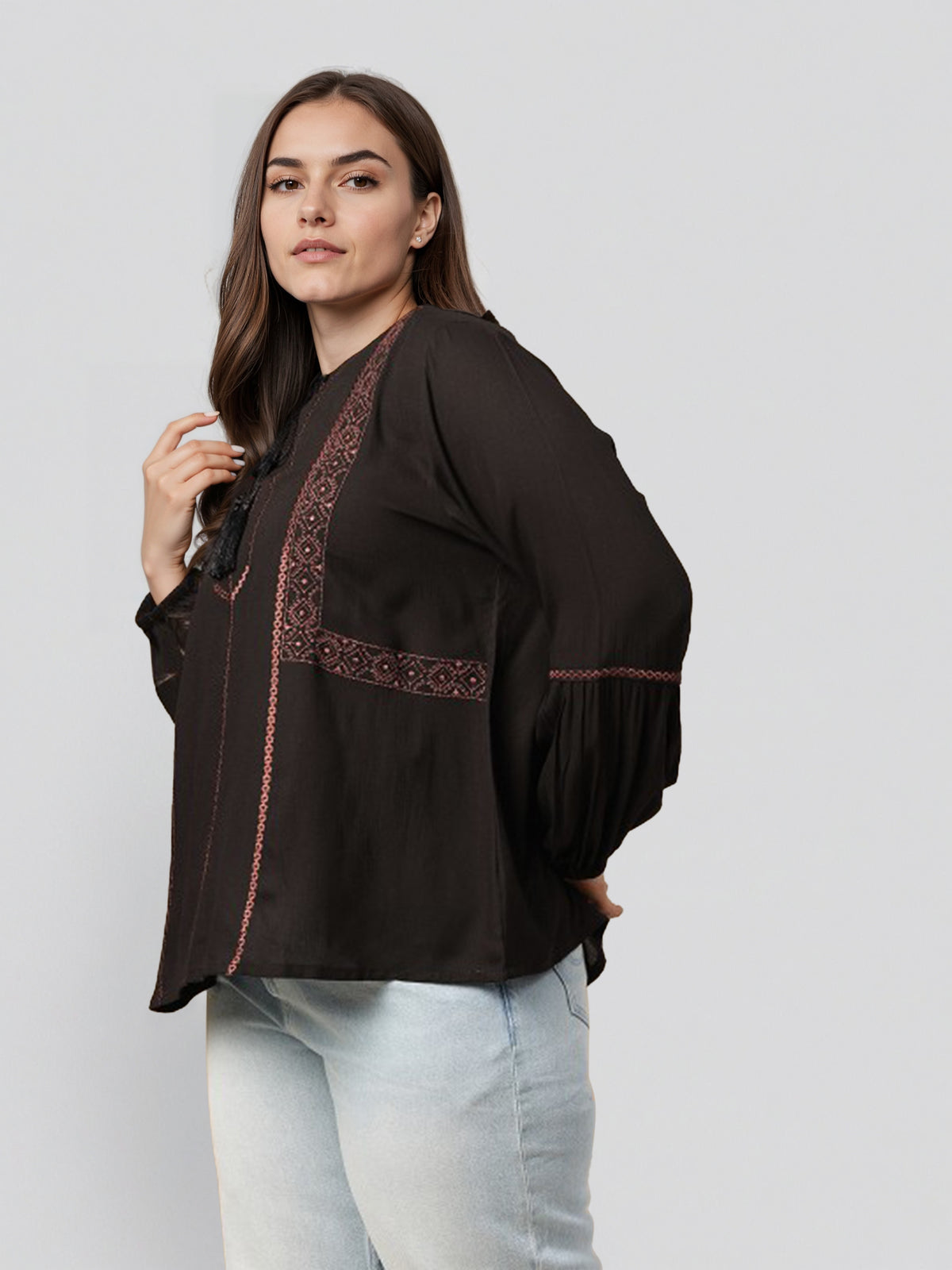 Embroidered Keyhole Neck Top