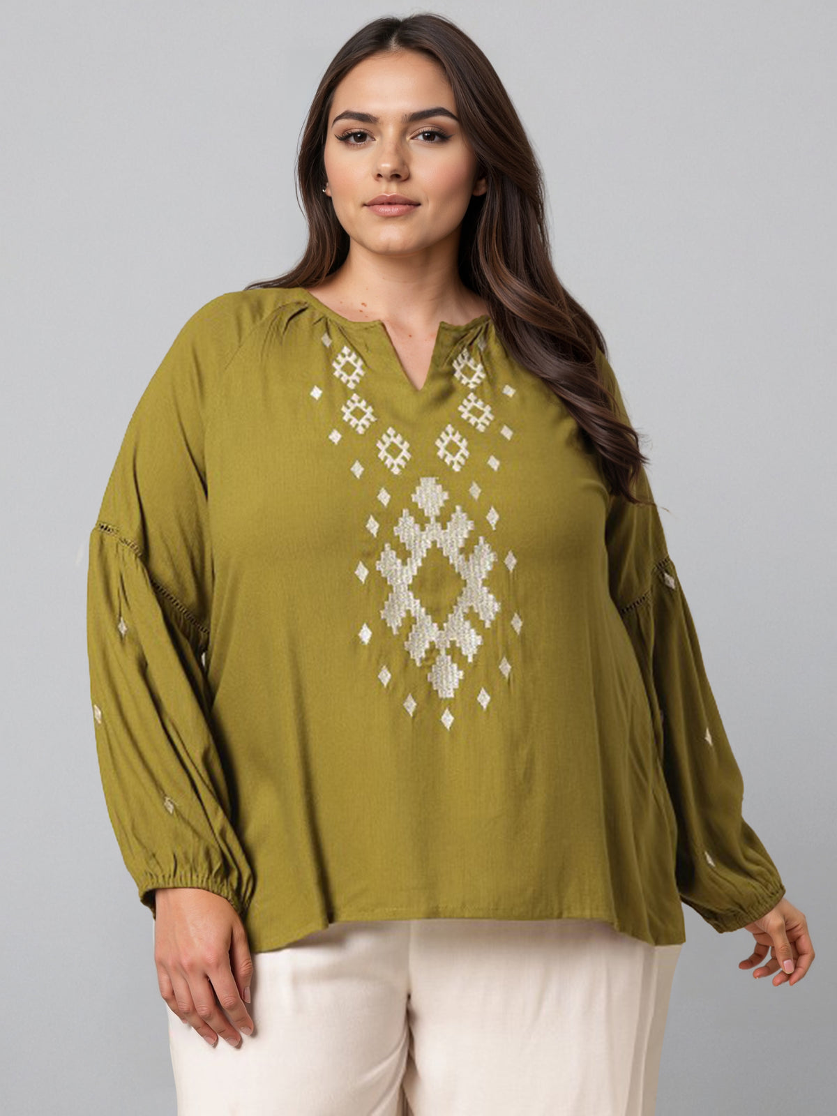 Plus Size Embroidered Puff Sleeves Mandairan Collar Top