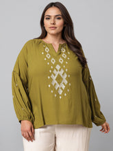 Plus Size Embroidered Puff Sleeves Mandairan Collar Top