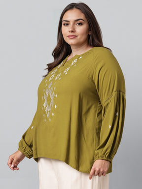 Plus Size Embroidered Puff Sleeves Mandairan Collar Top
