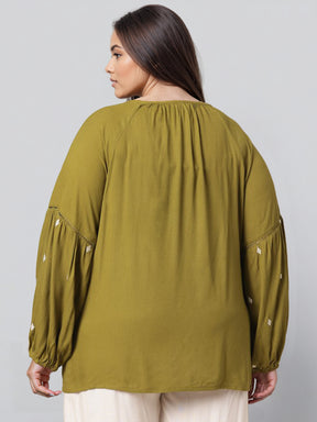 Plus Size Embroidered Puff Sleeves Mandairan Collar Top